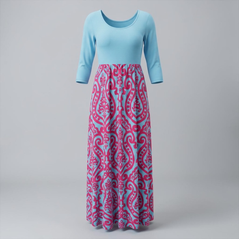 PINK BLUSH 3/4-Sleeve Colorful Boho Maxi Dress, Small